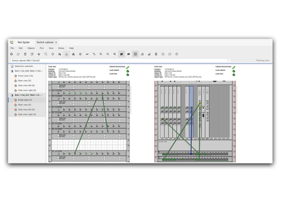 Photorealistic representation of network cabinets including the equipped devices.