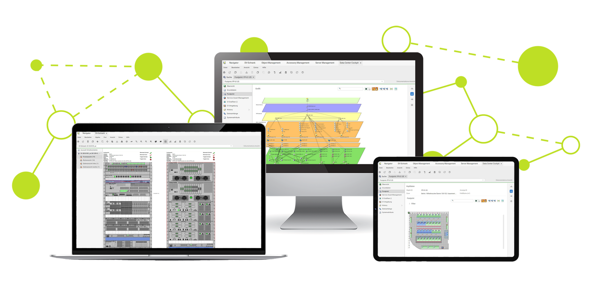 Representation of the IT documentation tool from FNT for efficient IT infrastructure management on different end devices.