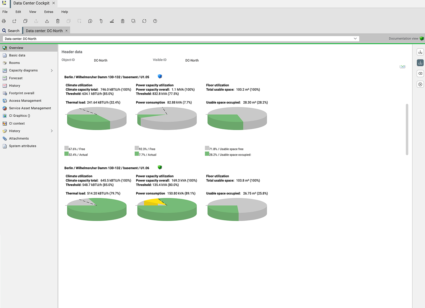 Representation of the capacities of data center rooms in the DCIM software