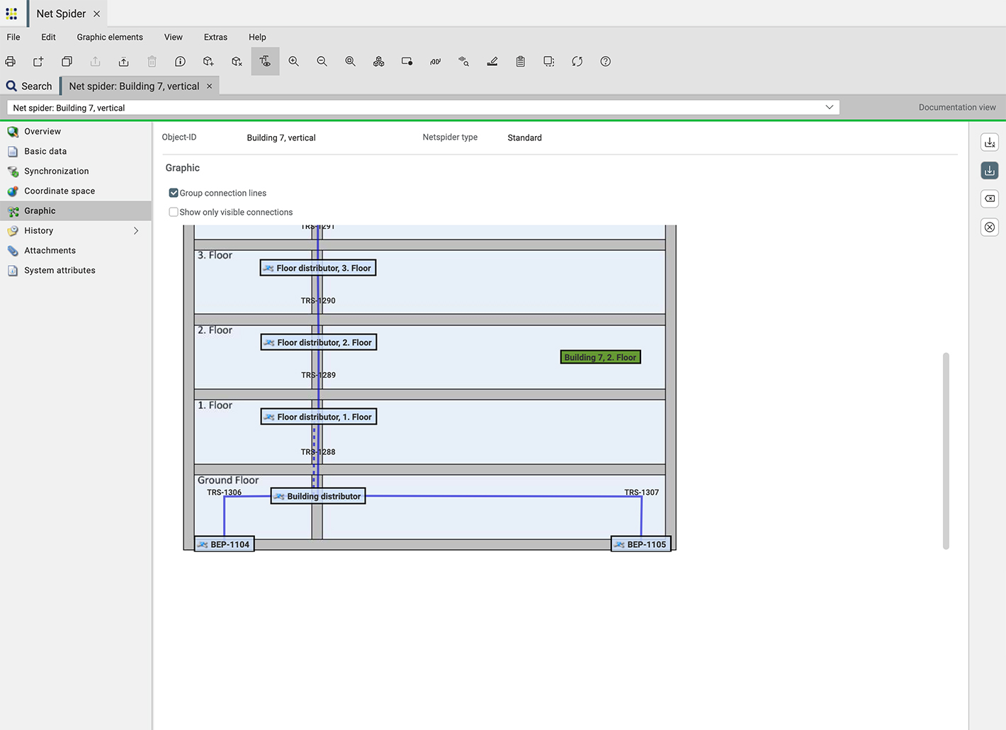 Representation of the network cabling of a data center in the DCIM software