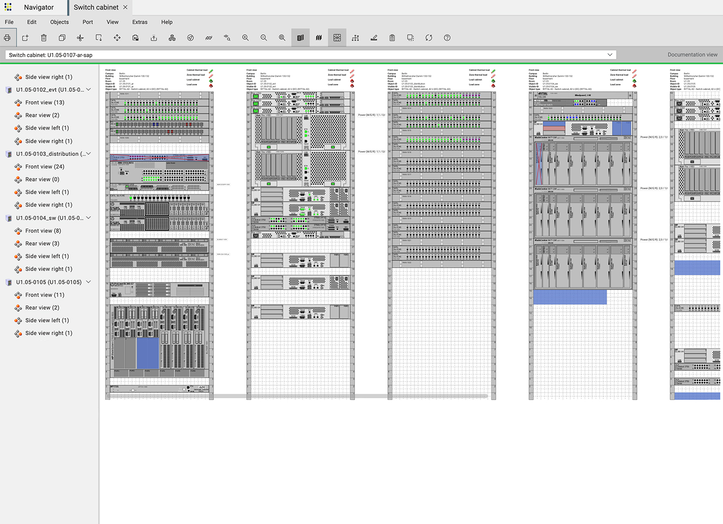 Screenshot of the rack elevation view with all components in FNT's DCIM tool